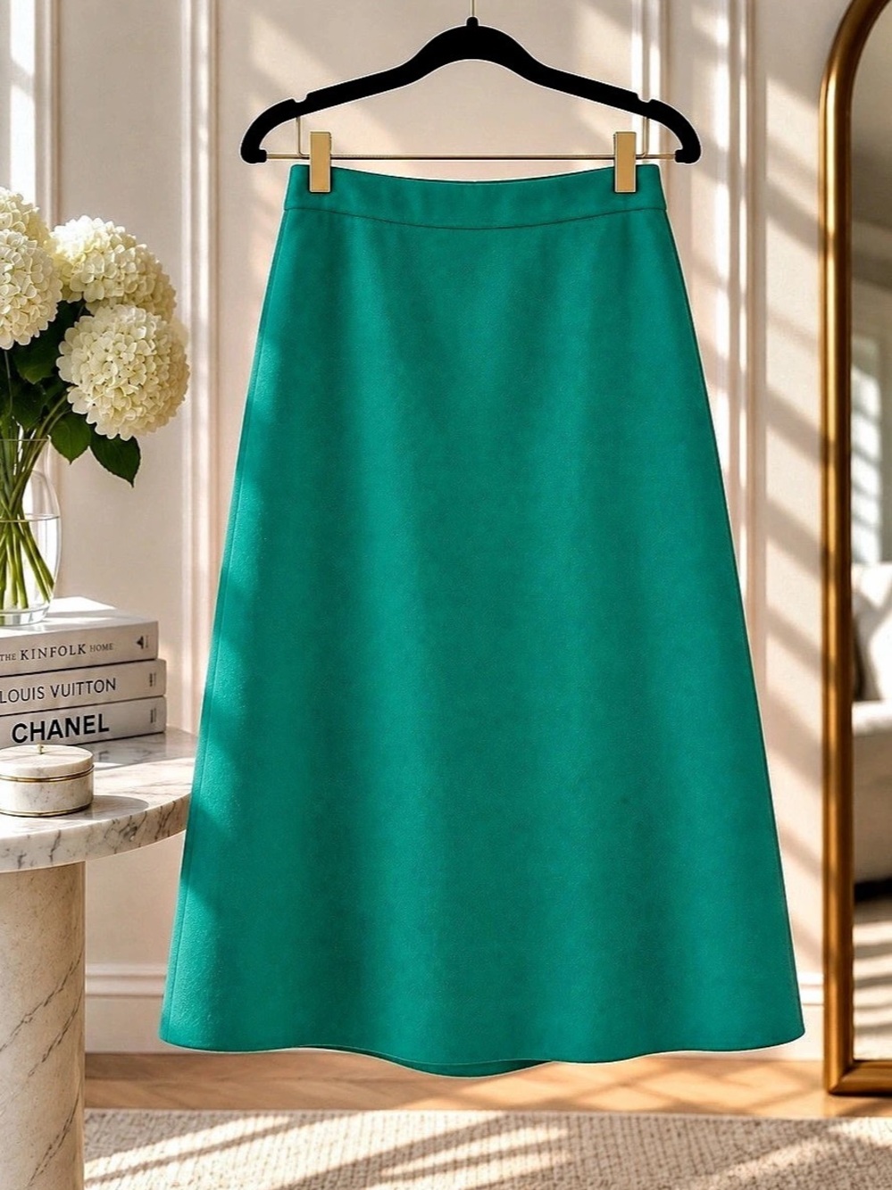 Prada Green Virgin Wool A-Line Midi Skirt IT 38 Like New